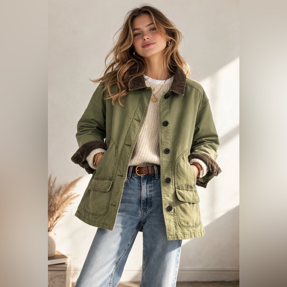 Lands' End Cotton Utility Jacket in Olive with Brown Corduroy Trim Sz. XL